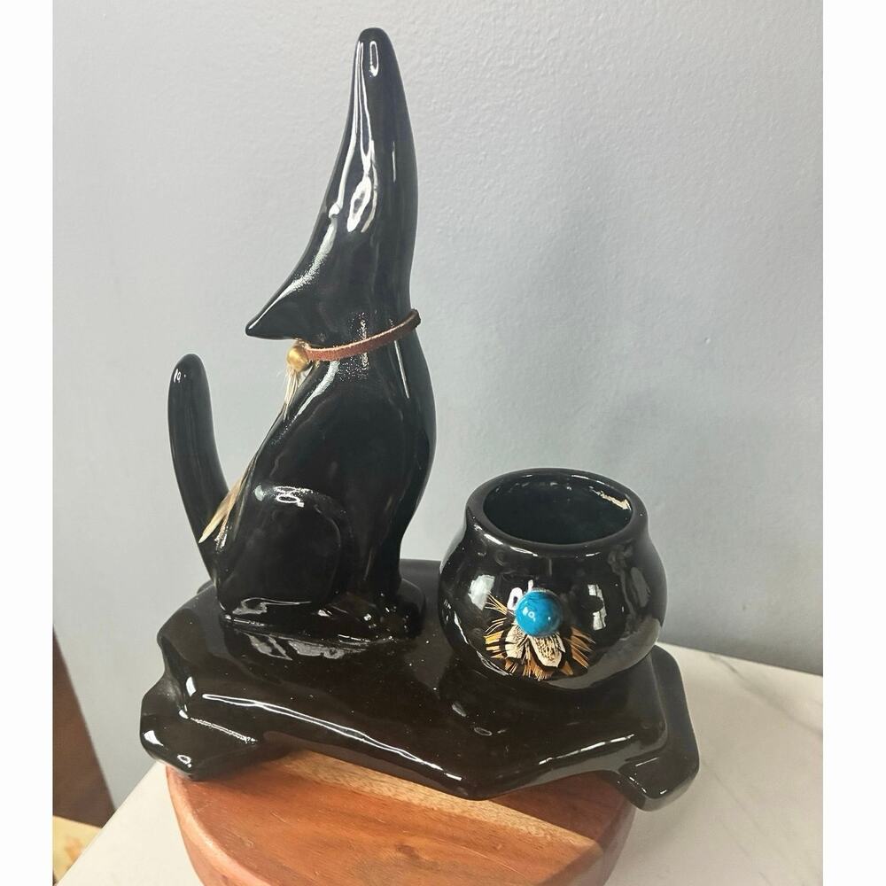 Vintage Black Ceramic Wolf Figurine w/ Bowl – Southwestern Style